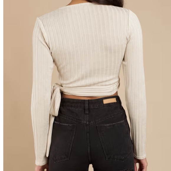 NWOT SHEIN Cream Ribbed Wrap Blouse Crop Long Sleeve Tie Front Top Size Small - Picture 2 of 6